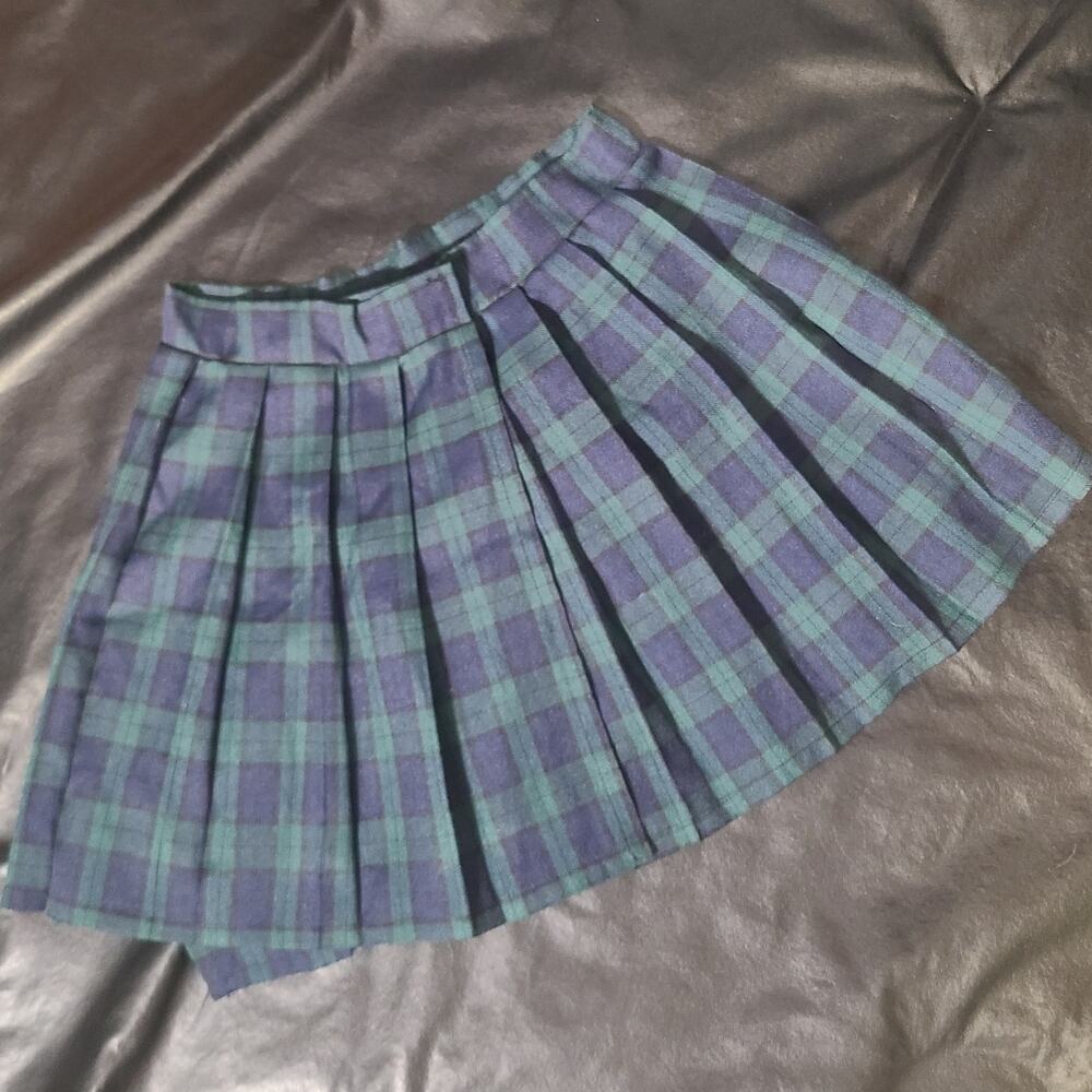 vintage 90s Leg Avenue A-line pleated plaid blue green skirt size m/L